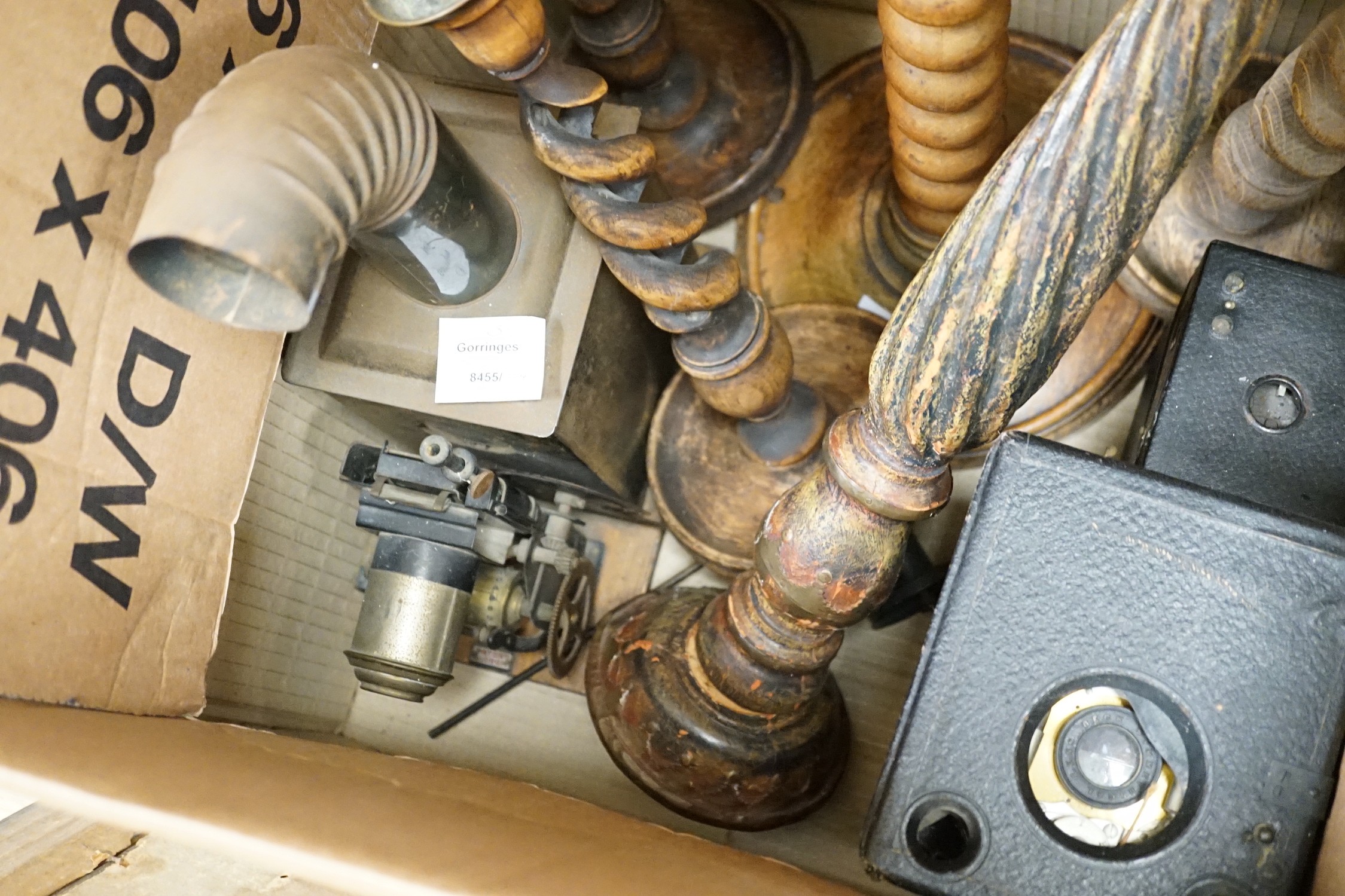 A group of five various wooden candlesticks, two vintage Kodak box cameras and magic lantern slide projector (8)